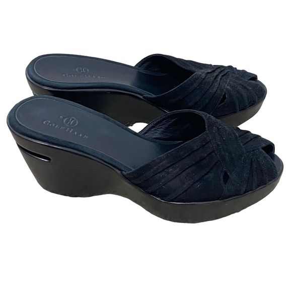 Women’s Cole Haan Nike Air Sandals Size 6 Wedge Heel Open Toe Shoes Black Suede - Picture 2 of 9